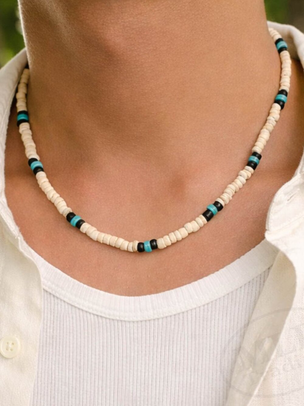 Boho Surfer Necklace for Men – Coconut Shell & Turquoise Beads – 18"+2"